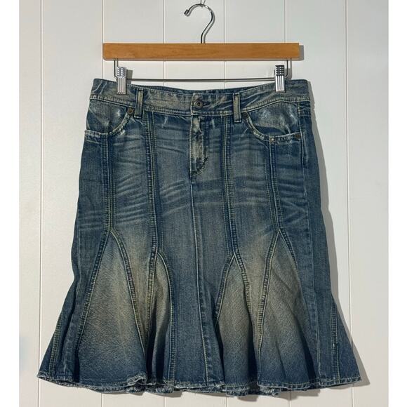 United Colors of Benetton Y2K Denim Tulip Skirt Women's 42 Distressed Blue Mini - Picture 1 of 9